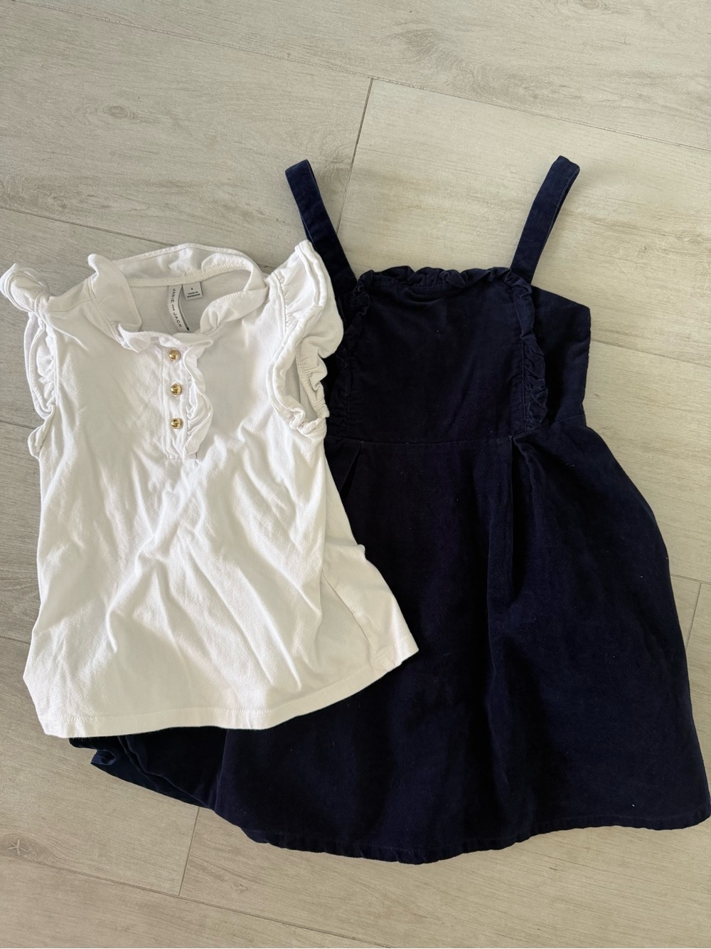 Girls Navy Pinafore Dress with White Ruffle Top Gold Buttons Size 6